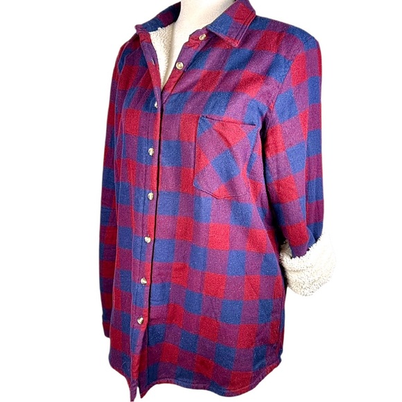 Ambiance Shacket Womens L Soft Fleece Red & Blue Plaid Button Front Pocket Shirt - Picture 9 of 13